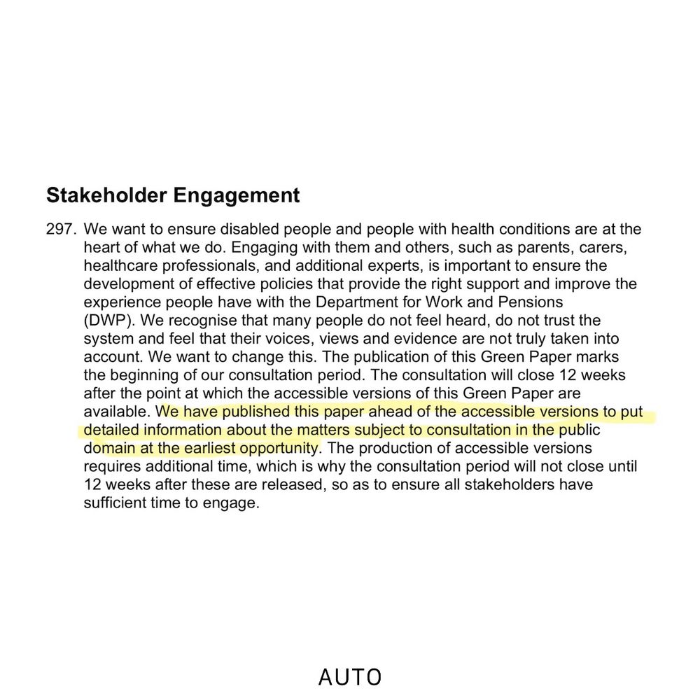 Image is a screenshot of the Government’s Green Paper on welfare reform. ‘A highlighted section reads: We have published this paper ahead of the accessible versions to put detailed information about the matters subject to consultation in the public domain at the earliest opportunity.’
