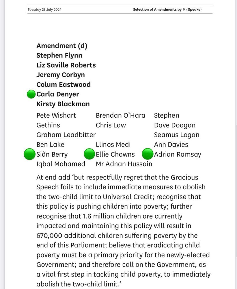 Screenshot of an amendment to the King's Speech, voted on 23 July 2024. The Amendment is to abolish the two-child benefit cap and is signed by all four Green MPs. 
