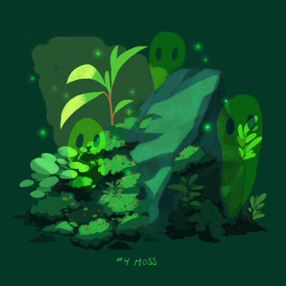 Illustration of a rock covered in moss and little green ghosts around it. Everything has a green tint to it.