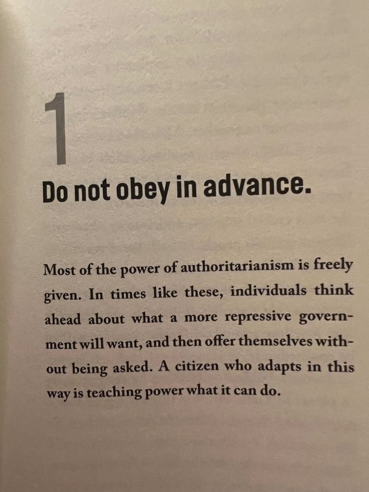 Photo of Chapter Heading “Do Not Obey in Advance” from On Tyranny, by Timothy Snyder. 