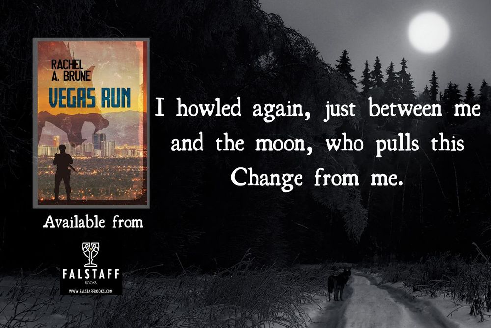 Graphic of book cover against background of winter road with pine trees and full moon and wolf. Text: I howled again, just between me and the moon, who pulls this Change from me.