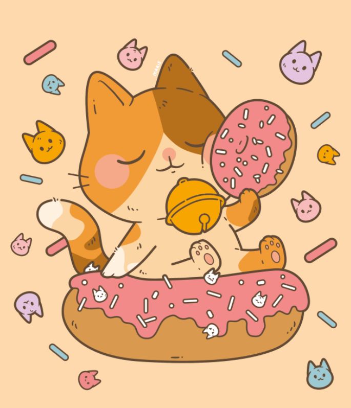 Illustration - eine Katze sitzt auf einem Donut und drück sich einen kleineren Donut gegen das Gesicht. Um sie herum sind Streusel verteilt.