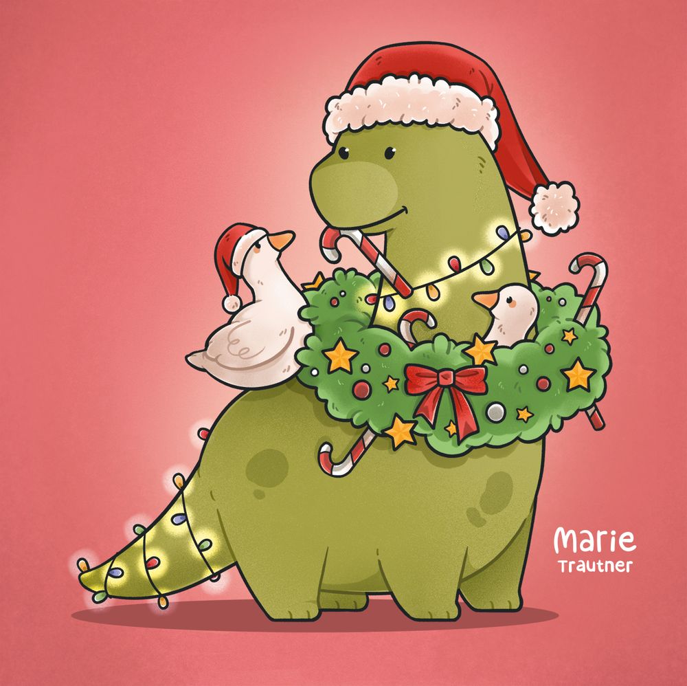 Illustration - Weihnachtsdino mit Kranz, Weihnachtsmütze und zwei Gänsen.