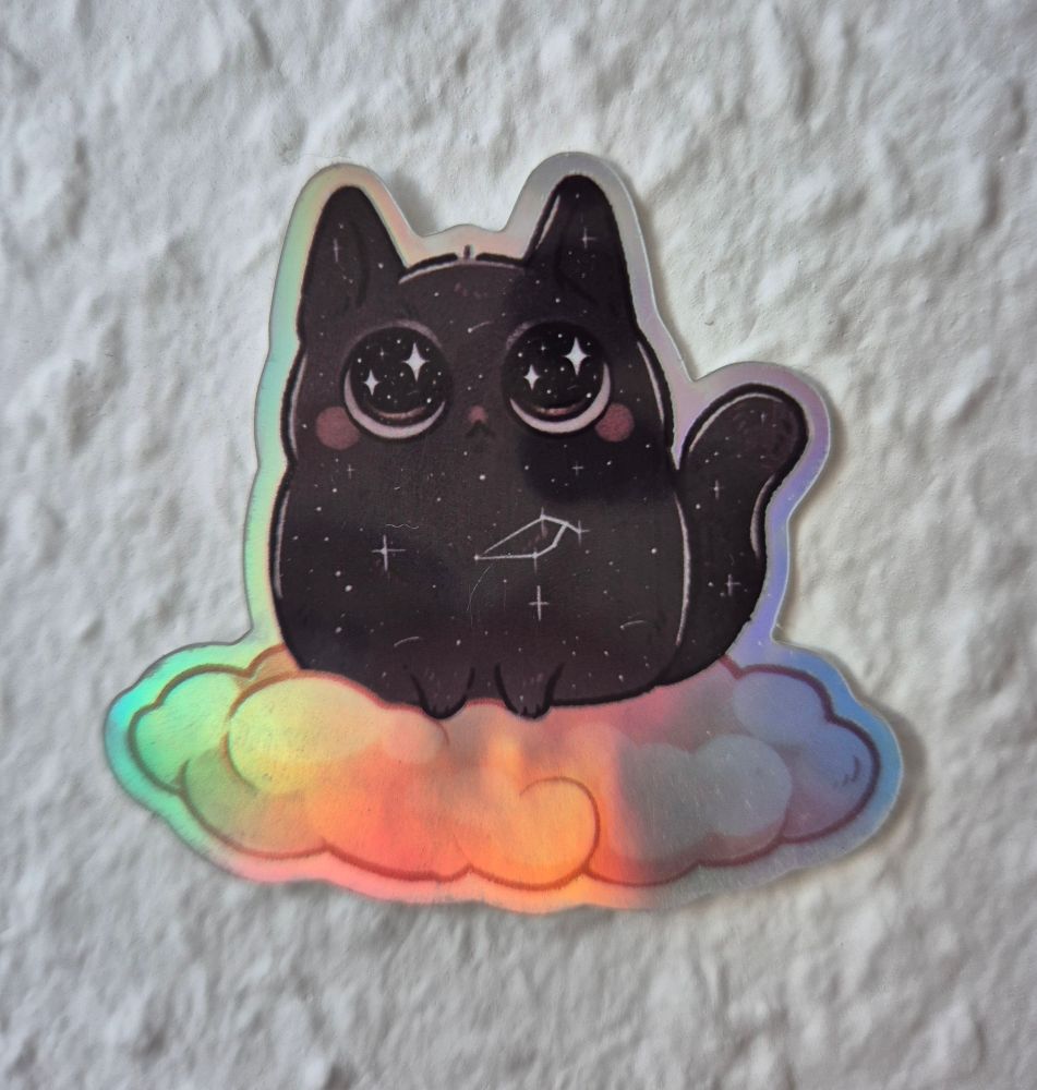 Sticker - Sternenkatze sitzt auf einer Wolke, mit Holo-Effekt