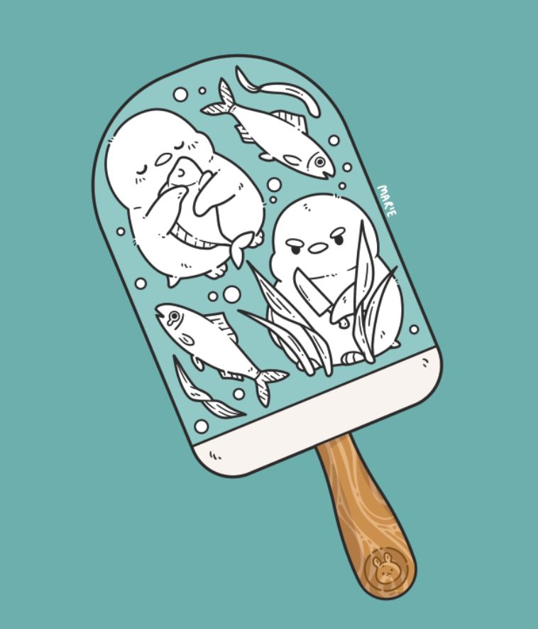 Illustration - work in progress, Pinguine und Fische in einem Stieleis.