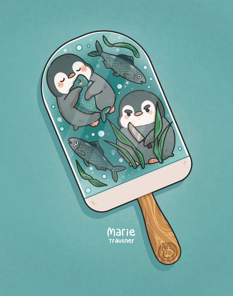 Illustration - in einem Stieleis sind Pinguine und Fische zu sehen. Ein Pinguin hält ein Messer in der Flosse und beobachtet einen Fisch. Ein anderer Pinguin umarmt einen Fisch. 