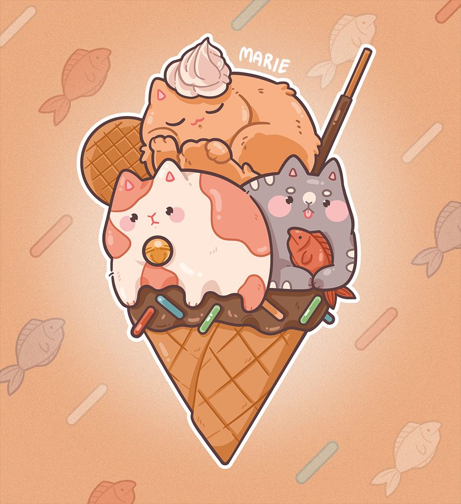 Eiswaffel mit drei Katzen als Füllung, sowie einer Sahnehaube als Topping und einer runden Eiswaffel und einem Pocky Stick als Deko.
Im Hintergrund sind Streusel und Fische zu sehen.