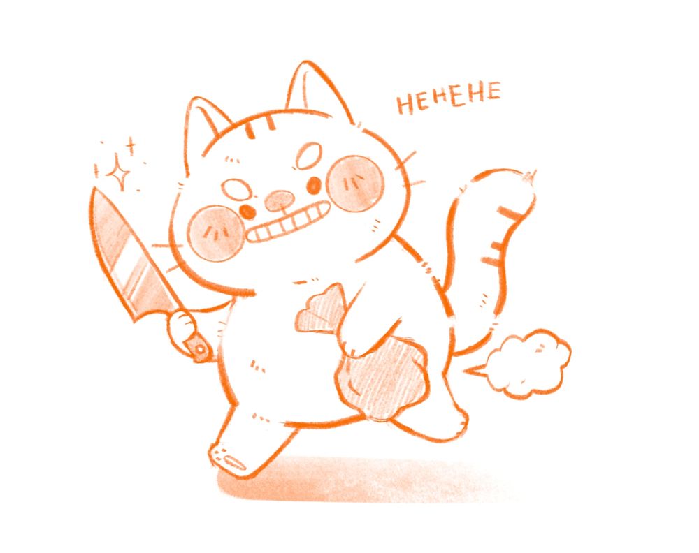 Rennende Katze, die pupst und ein Messer hält.