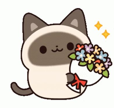 a cat holding a bouquet of flowers with a red bow