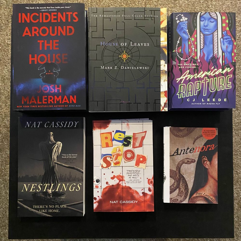 books: incidents around the house, house of leaves, american rapture, nestlings, rest stop, antenora