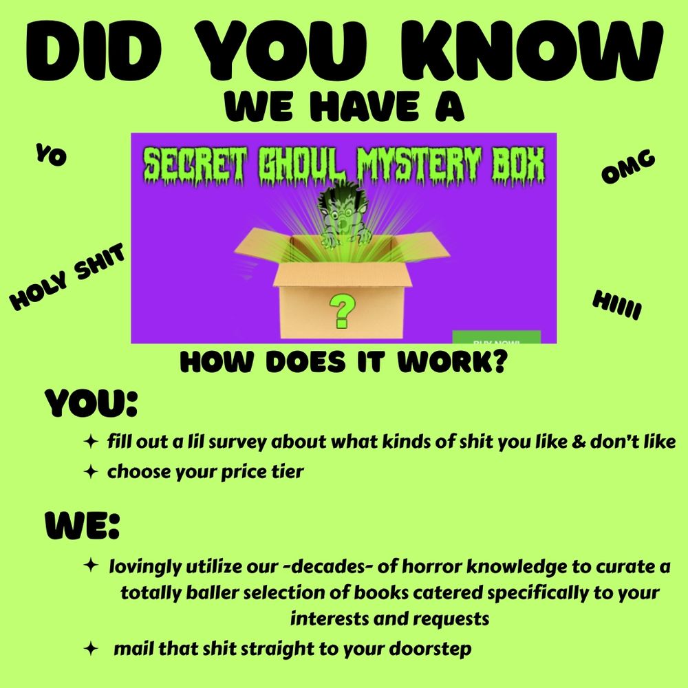 a bright green graphic giving info about our mystery box
