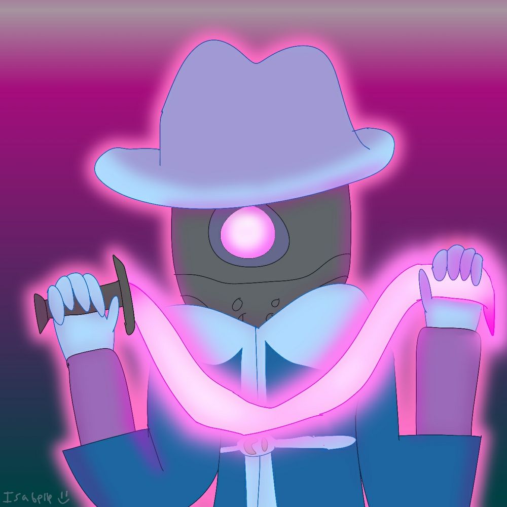 Risk of Rain's Bandit (more specifically, his blue alt from risk of rain returns), holding a pink laser whip, in reference to one of his alternate abilities in returns.