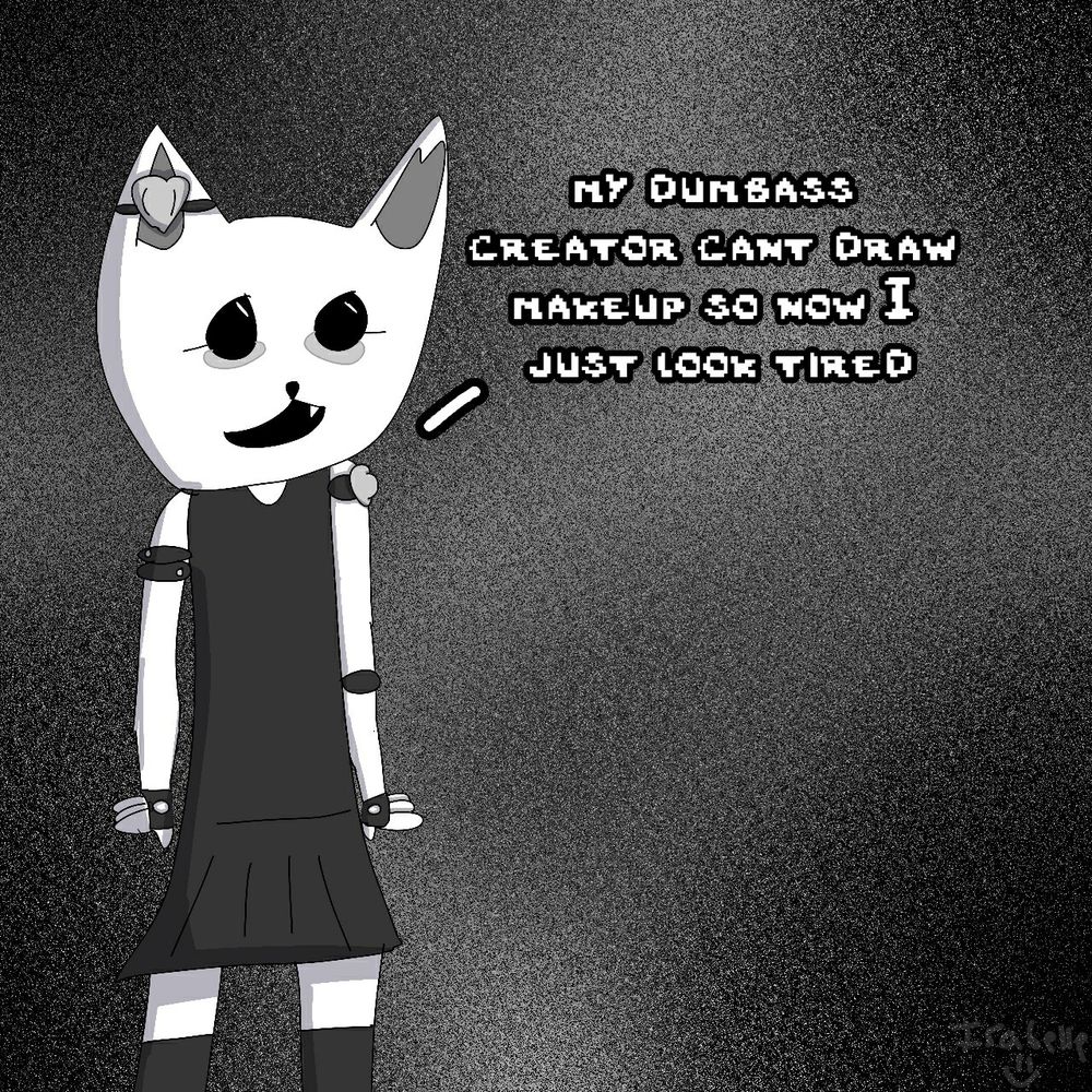 Maisey (my white cat humanoid character) standing in a black dress and stockings, with 3 bands on her arms and wearing fingerless gloves, saying 'My dumbass creator can't draw makeup so now I just look tired'