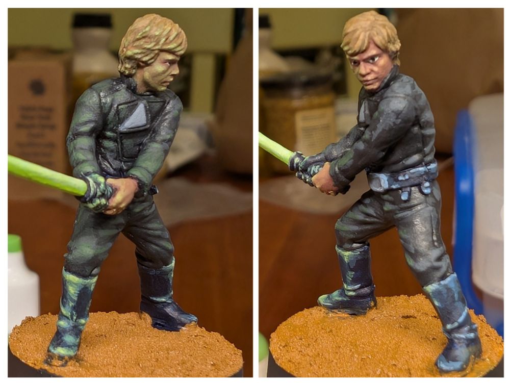 A collage of two images of a Luke Skywalker mini, showing the green light from the lightsaber on the figure's right side vs the normal lighting on the left