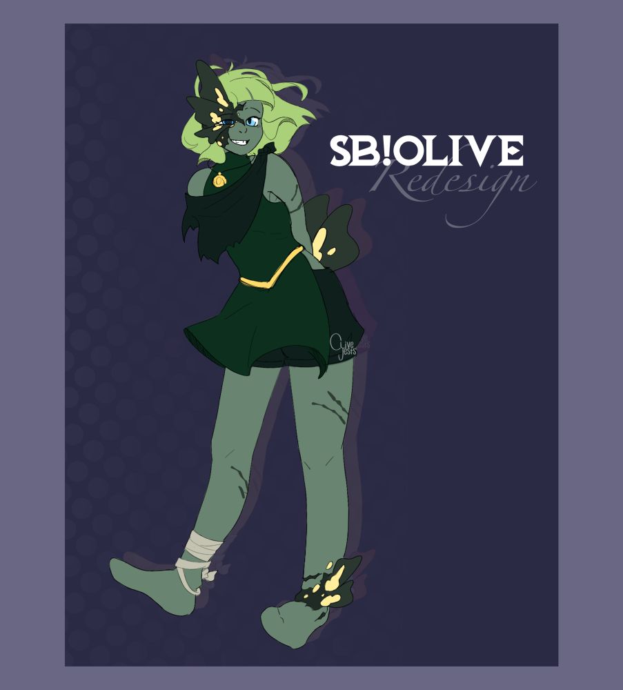 A digit drawing of a zombie OC - SB!Olive (Spellbound Olive). A character originating from a Minecraft SMP. This drawing shows SB!Olive posing, leaning slightly forward with her arms behind her back as she balances on the heels of her feet with a grin.  Her hair is a bright green, and flies wildly around her face. Half of her face is covered in a scar and a frill/gill like growth around her eye, which remains partially closed with a large pupil. She wears a dark green dress and a torn fabric around her shoulders. A gold locket hangs around her neck, bandages on one ankle and more growths on the other. Her skin is a dull green
