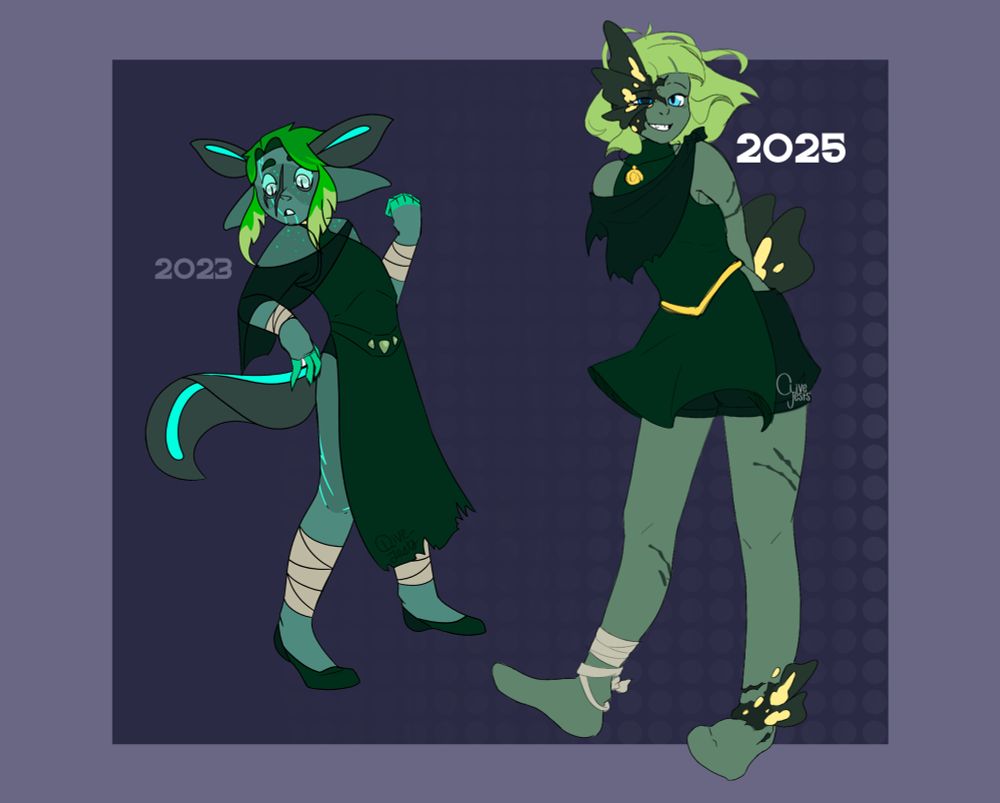 A picture comparing SB!Olive’s old vs. new design. 

Her old design is on the left - this one shows a more blue-tinted skin tone with light freckles, lines of cyan across her arms and face, and spots of darker colors across her body. She has Axolotl gills and a tail, a longer green dress, and short green hair with light green tips.

Her new design is on the right, see previous drawing for description 