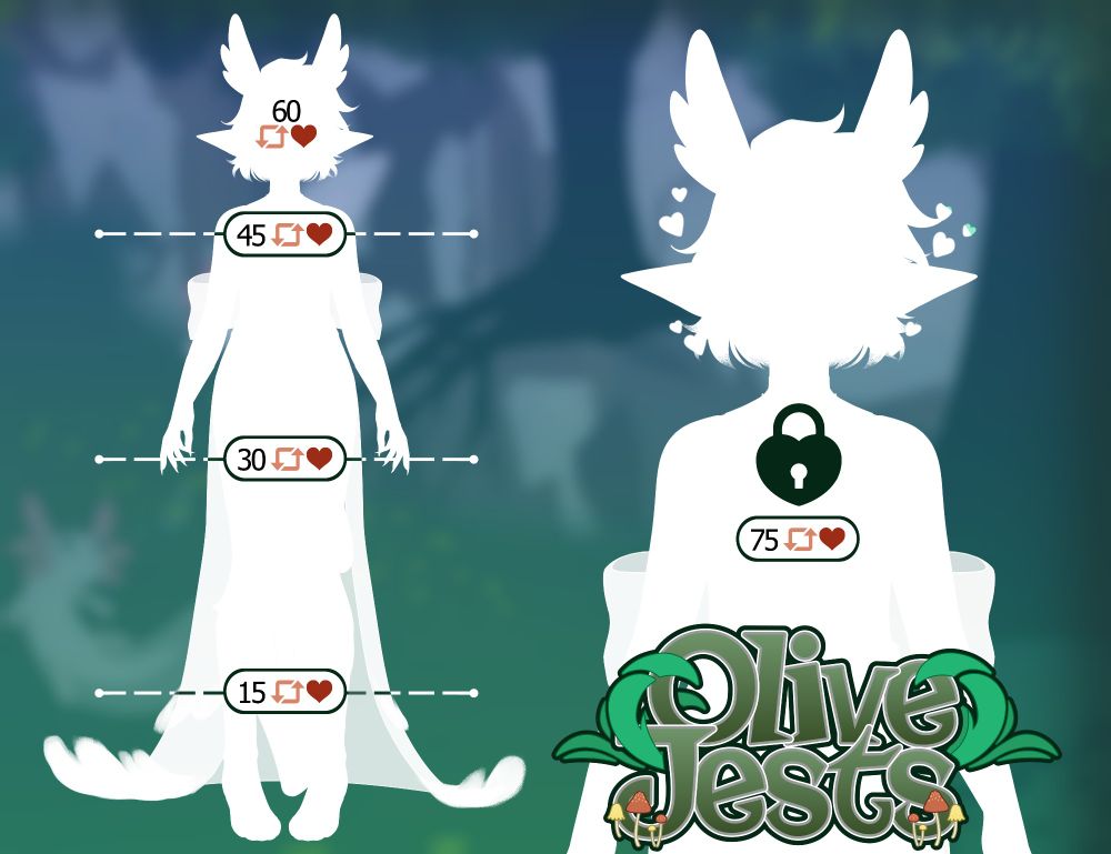 A VTuber model reveal featuring a White silhouette full-body on the left and an up-close version on the right. An Olive_Jests Logo sits near the bottom right corner