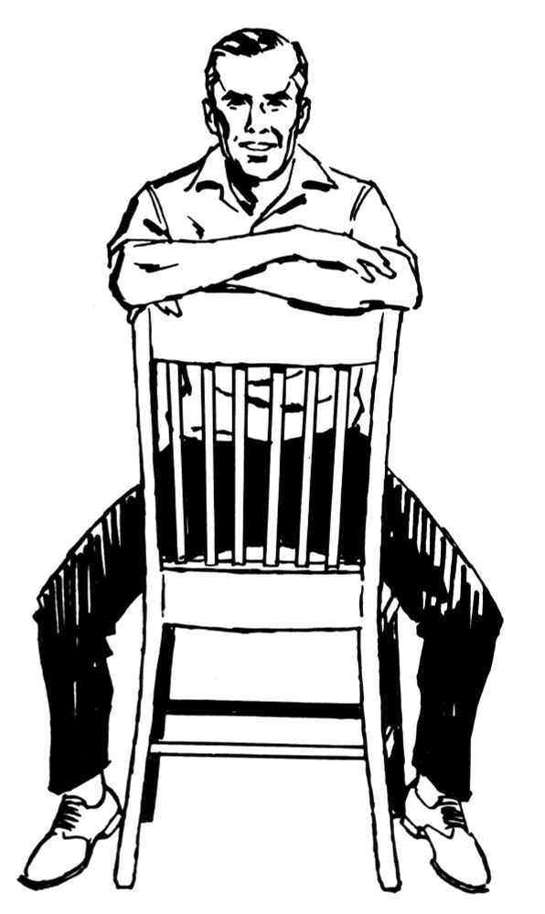 A black and white drawing of a man sitting backwards in a chair 