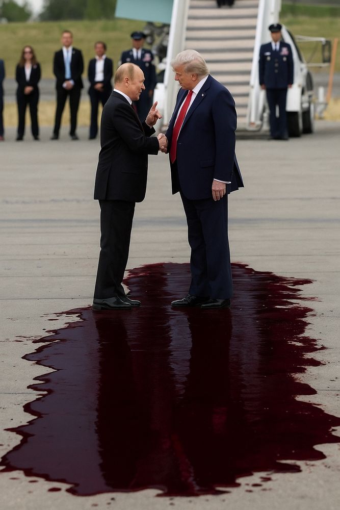 Trump und Putin stehen auf einem Rollfeld in einer Blutlache