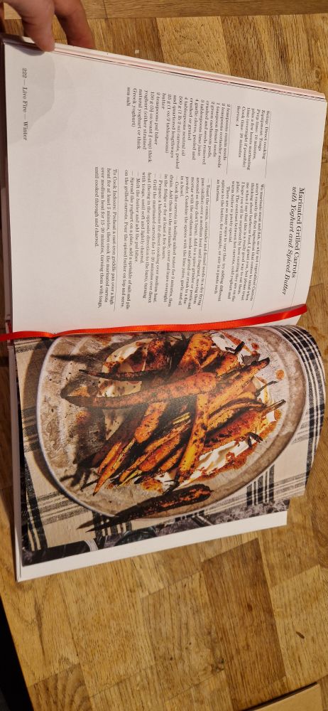 A teo page photo of the inside with a recipe for marinated grilled carrots and a photo of the finished dish.