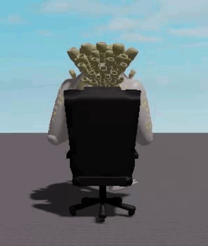 a cartoon character is sitting in an office chair with a bunch of bones on his head .