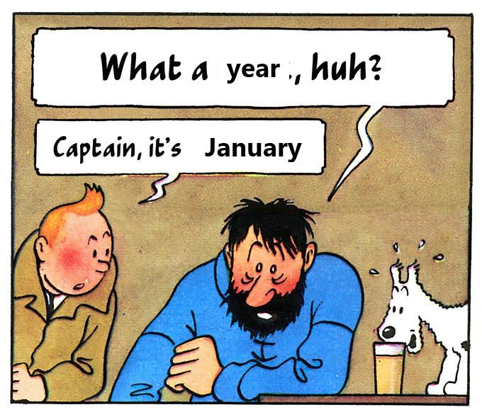 An edit of the Tintin/Captain Haddock meme. Text says:

"What a year, huh?"
"Captain, it's January"