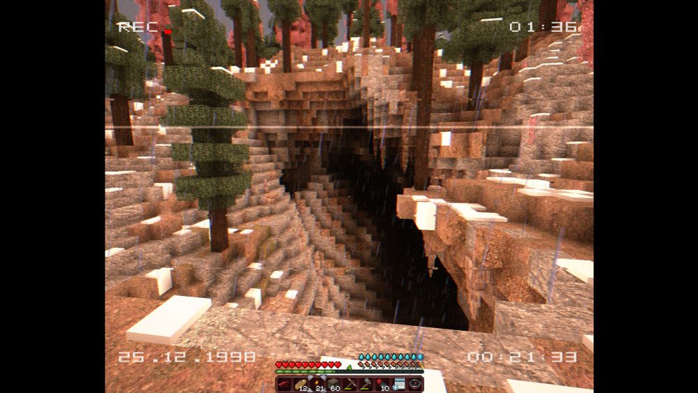 pov of standing at the top entrance of a dark cave in minecraft