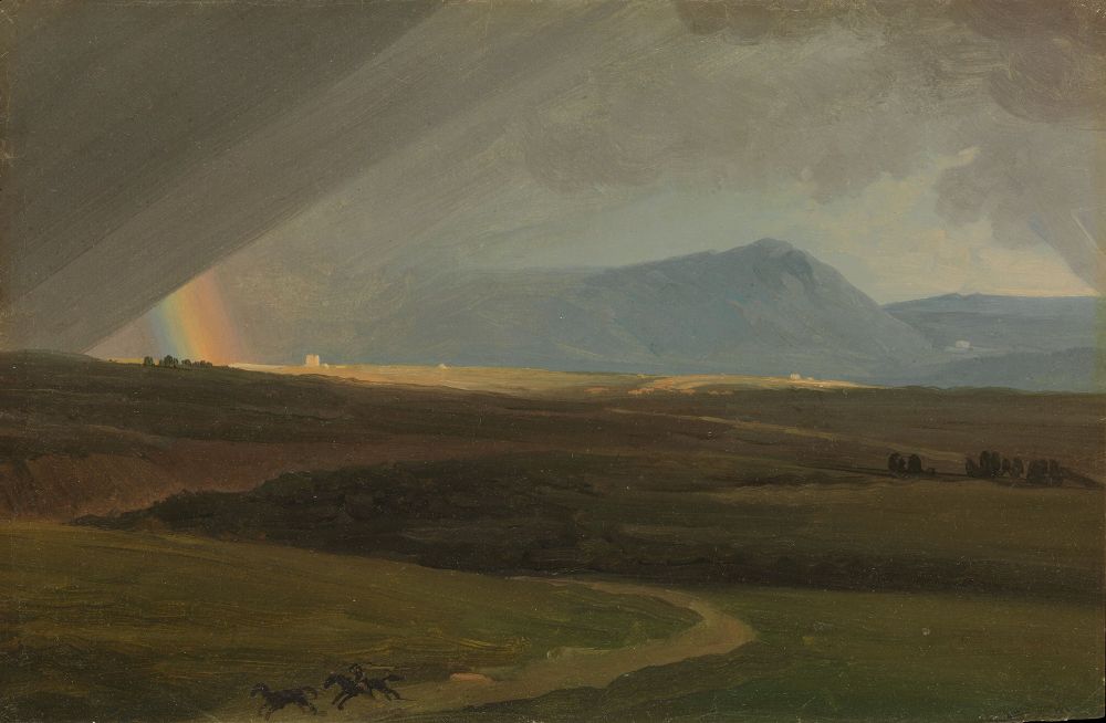 "Denis painted the majority of his informal nature studies out of doors. Notations on the back of this example, however, indicate that he based it on a drawing that he had previously made in the countryside near Rome while observing the phenomenon of passing rain accompanied by a rainbow. The horses and rider fleeing the storm are a motif borrowed from the seventeenth-century painter Nicolas Poussin." (The Met) 