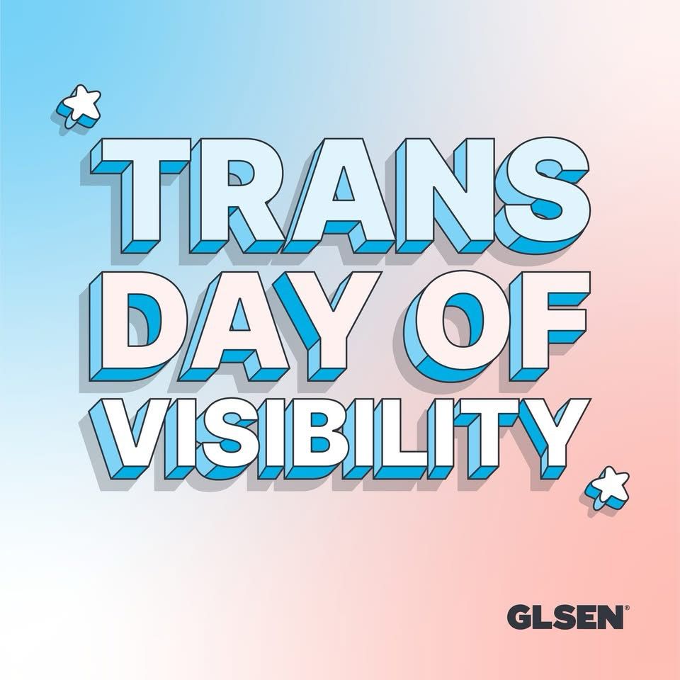 Image description: On a gradient pink, blue, and white background bold text reads "Trans Day of Visibility".