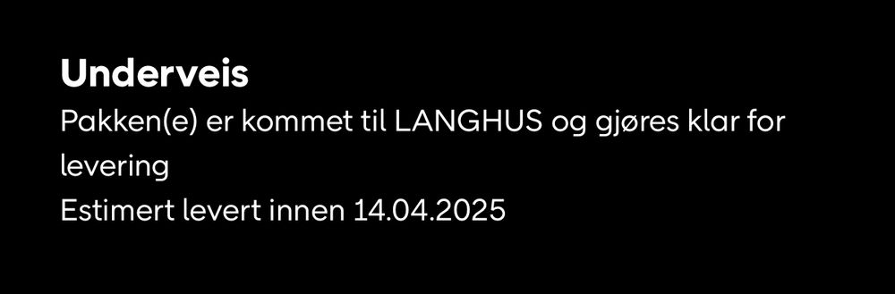 Skjermbilde fra appen til PostNord som sier «Estimert levert innen 14.04.2025». 
