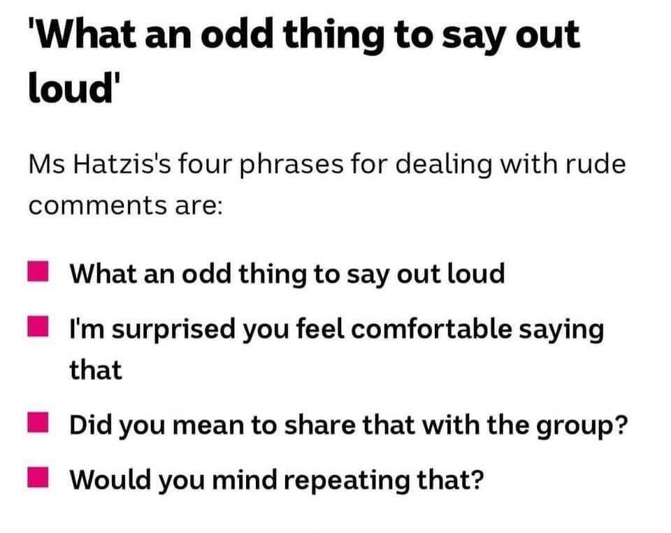Ms Hatzis’s four phrases for dealing with rude comments are: 
💠What an odd thing to say out loud
💠 I’m surprised you felt comfortable saying that.
💠 Did you mean to share that with the group?
💠 Would you mind repeating that? 