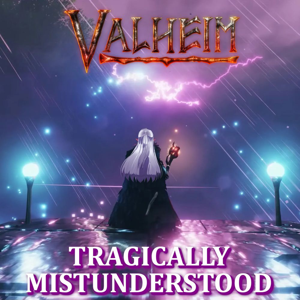 Bonnicula, female vampire vtuber adventurer with long white hair wearing a large cloak and wielding a staff atop one of Valheim's dark towers in the Mistlands Biome. Valheim logo and text that reads "Tragically Mistunderstood"