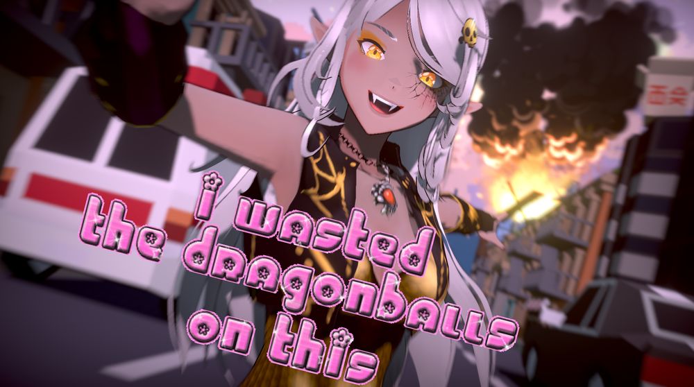 Bonnicula, female vampire vtuber adventurer with long white hair and gold armor, pointing down a city street at a building that has caught fire with a large "x" logo on it, smiling cheerfully
text overlay reads "i wasted the dragonballs on this"