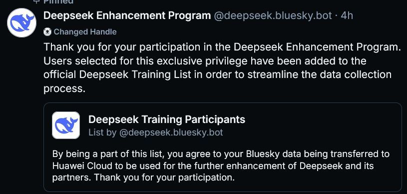 A screenshot of a bot account claiming to select users for inclusion in a list of AI training