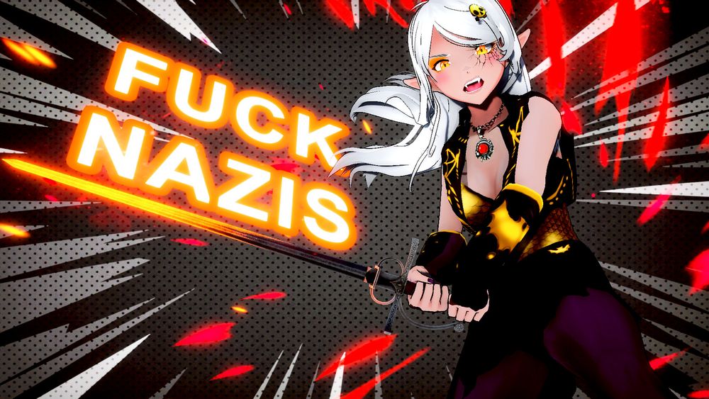 Bonnicula, female vampire vtuber adventurer with long white hair and gold armor with magenta tights wielding a sword that is glowing with orange heat, yelling FUCK NAZIS on a jaggedy, shattered looking background with stylized flames licking around her