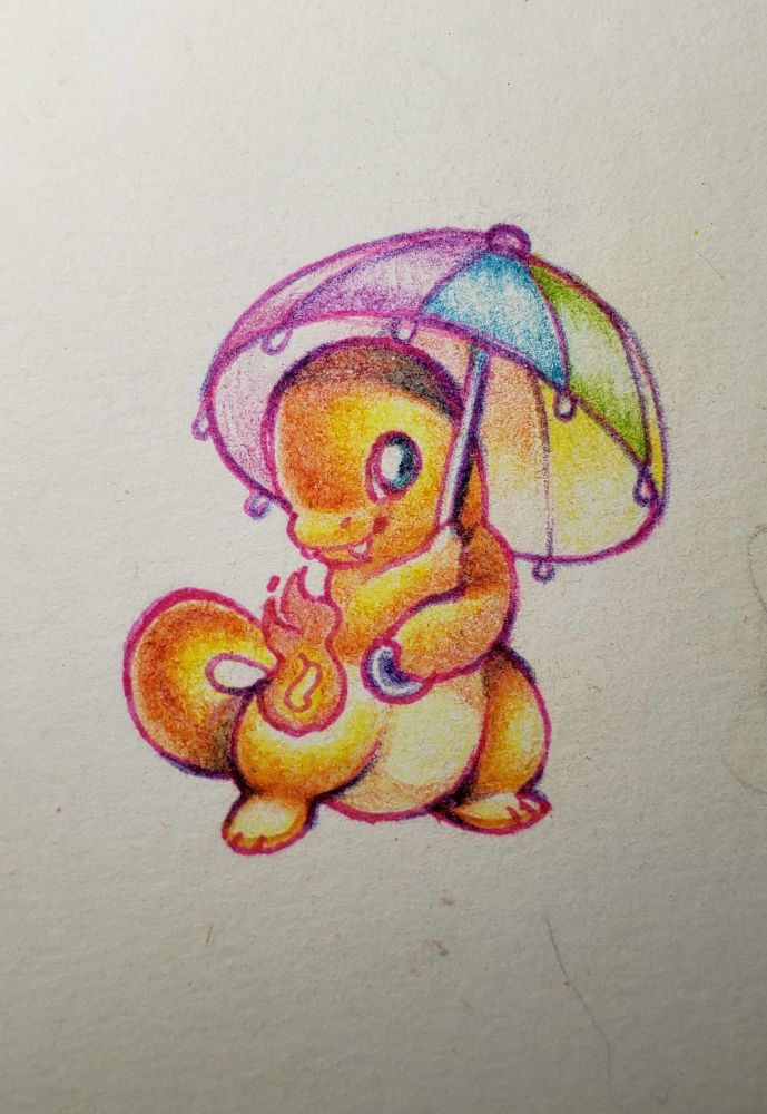 The drawing of a Pokémon in colored pencils; it's a charmander, looking at the camera with a smile while grabbing a hold of a small rainbow umbrella to protect his flaming tail from the rain. 