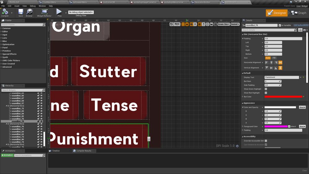 Screenshot of Unreal Engine showing the interface editor with some words partially shown like Stutter, Tense, and Punishment.