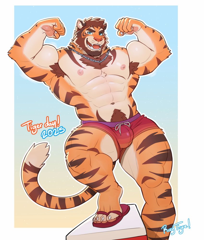 Super awesome Tiger in swimming trunks, flexing his biceps, with a foot on top of a cooler, celebrating tiger day.

(Written by Ray hehe)