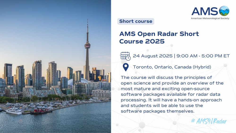 Graphic for the AMS Open Radar Short Course 2025 promotion at the 41st International Conference on Radar Meteorology with date, time, and location.