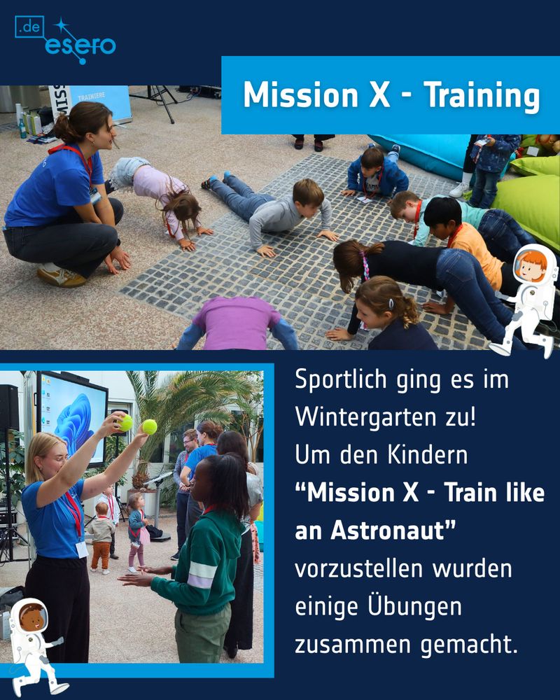 Kinder üben Liegestütz und jonglieren. Text: Mission X - Training: Sportlich ging es im Wintergarten zu! Um den Kindern "Mission X - Train like an Astronaut" vorzustellen, wurden einige Übungen zusammen gemacht.