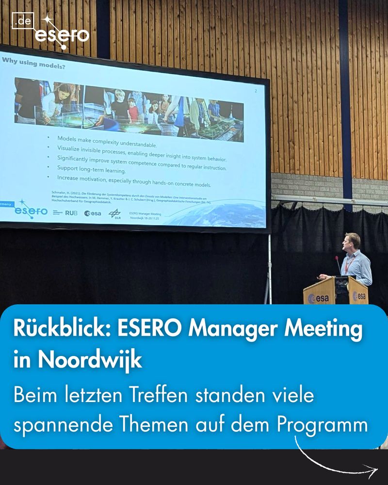 Ein Bild von einem Mann und seiner Präsentation.
Text: Rückblick: ESERO Manager Meeting in Noordwijk.
Beim letzten Treffen standen viele spannende Themen auf dem Programm.
