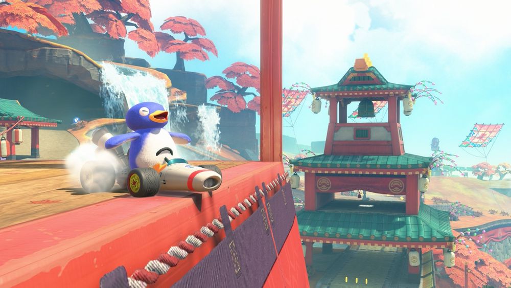 Penguin (Mario Kart World) overlooks Cheep Cheep Falls.