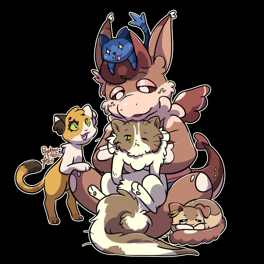 A light brown Dutch Angel dragon is surrounded by lovable kitties. She holds an older cream and beige cat, an orange tom looks up at her to her left, a small beige one sleeps curled up on her right, and an excited dark blue kitten sits on her head.
