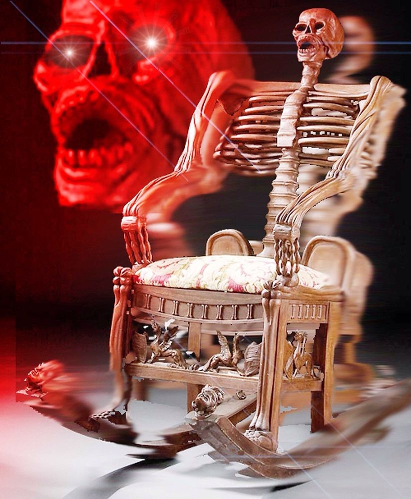 A skeleton rocking chair in motion with an unsettling edited blown up version of the skeleton's face in red with its eyes glowing