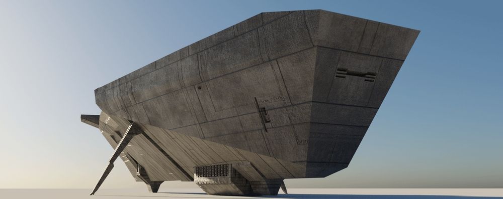 Side view of an atreides cargo spaceship as seen in the Denis Villeneuves movie adaptation of Frank Herbert's Dune.