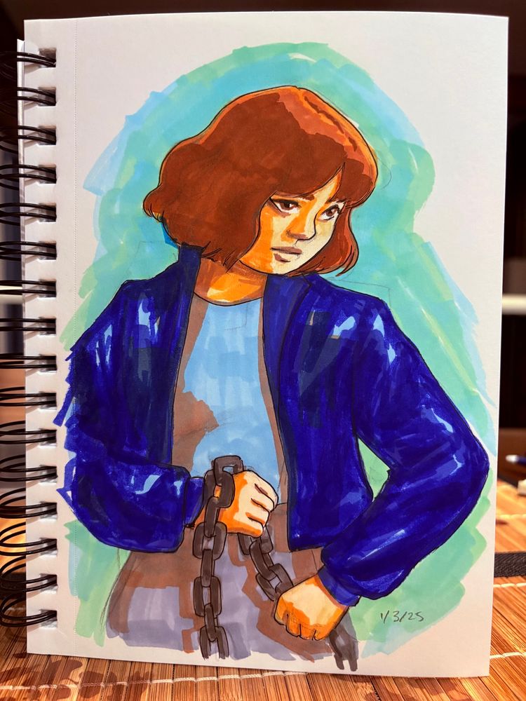 Mixed media drawing of a girl with short brown hair in a blue bomber jacket holding a chain
