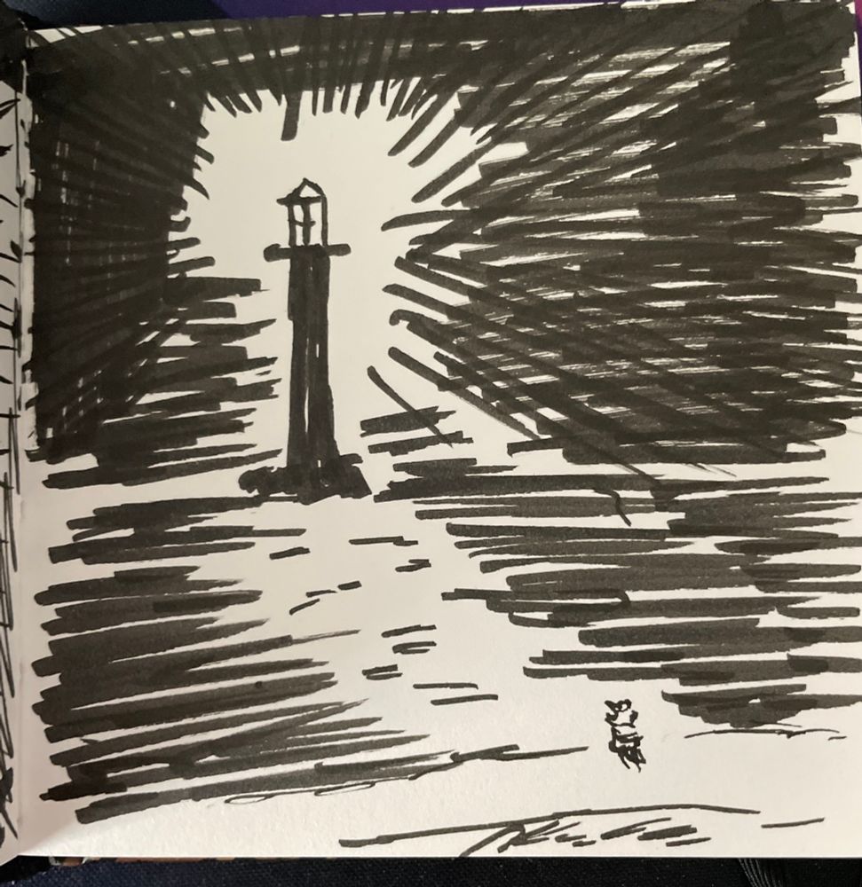 Realistic depiction of an inked coast with a small creature standing on the shore. A colossal lighthouse stands in the distance.sugoi
