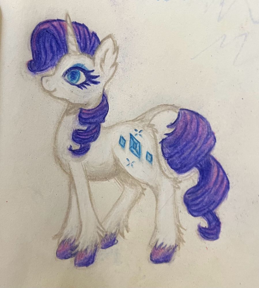 a color pencil drawing of Rarity from my little pony standing upright and facing the left, with a more classical interpretation of her unicorn features - tapered tail, long horn, and fluffy legs that turn to purple hooves
