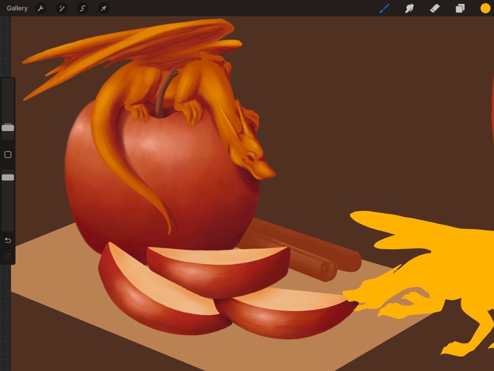 A WIP of a digital painting. A rendered apple and three apple slices sit on the outline of a cutting board. A small half-rendered orange dragon rests on top of the apple while a small unrendered yellow dragon at the edge of the cutting board grabs a corner of an apple slice in its mouth