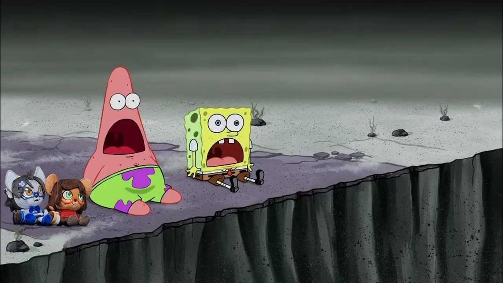 a plush mousegirl and catgirl at the precipice of an undersea trench next to a surprised seasponge and starfish